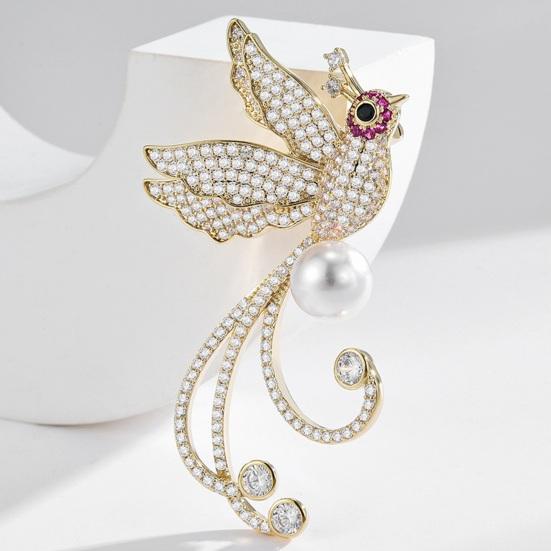 Simple Luxury Women Phoenix Shape Brooch Shining Rhinestones Inlaid Faux Pearl Suit Badge Electroplating Pin Outfit Accessories