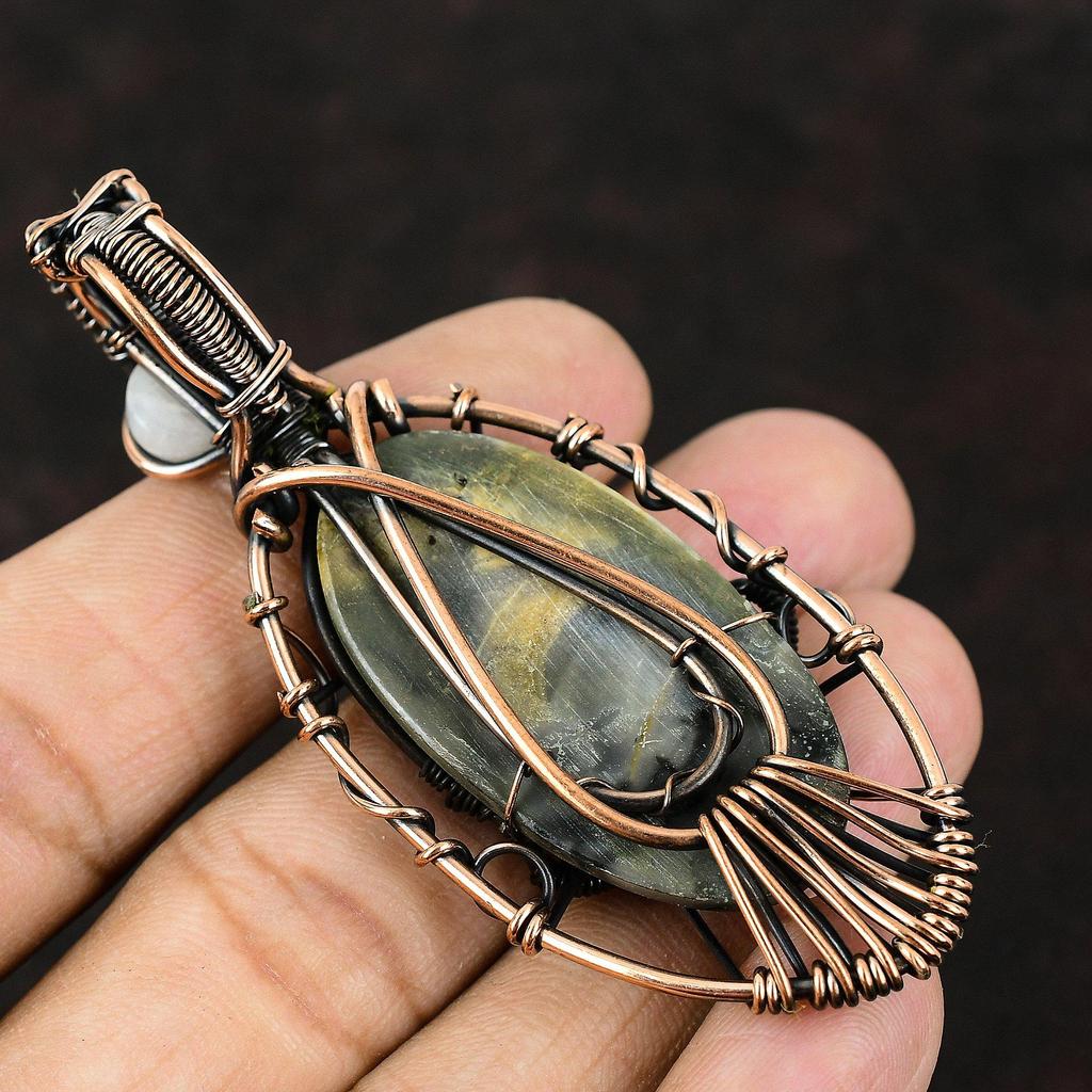 Подвеска из меди с яшмой Пикассо «Сглаз», драгоценный камень, подвеска из медной проволоки, подвеска ручной работы из лунного камня, подарок другу