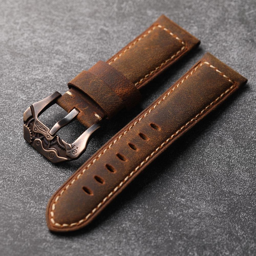 Head Layer Cowhide Strap, 22 24 26MM Adaptable Bronze Watch Men Vintage Mechanical Bronze Buckle, Watch Accessories Men Bracelet