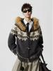 Вязаный кардиган с капюшоном в стиле Fair Isle с меховым воротником, ретро-пуговицы из рога, осенне-зимнее толстое пальто-свитер