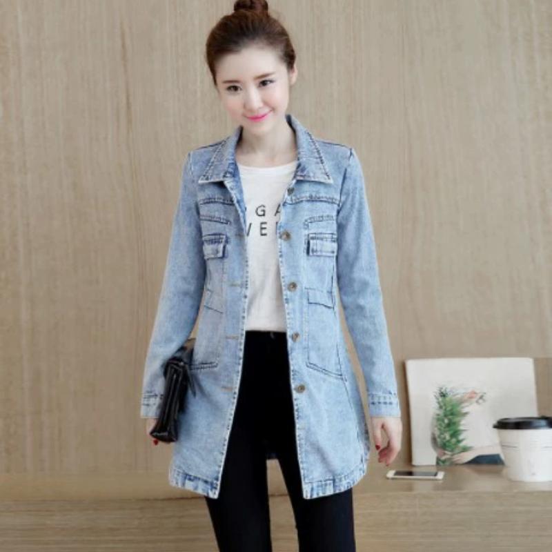 Korean Long Sleeved Denim Jacket for Women's Slim Fit Single Breasted Mid Length Windbreaker Top