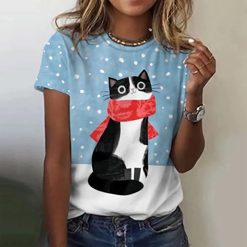 Летняя женская модная футболка с забавным рисунком мультяшного кота, топы с круглым вырезом, футболки, женская одежда с коротким рукавом, женская повседневная повседневная одежда