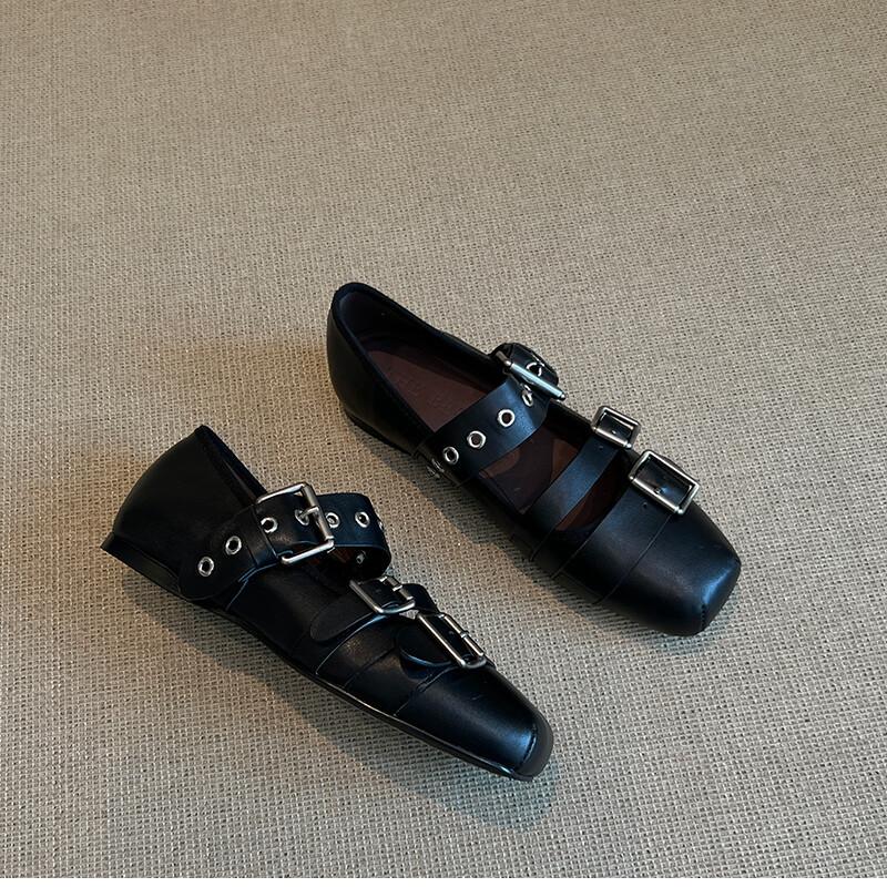 Punk Style 2025 Autumn New Ballet Style Mary Jane Shoes Women's Versatile Leather Shallow Mouth Square Head Belt Buckle Single Shoes