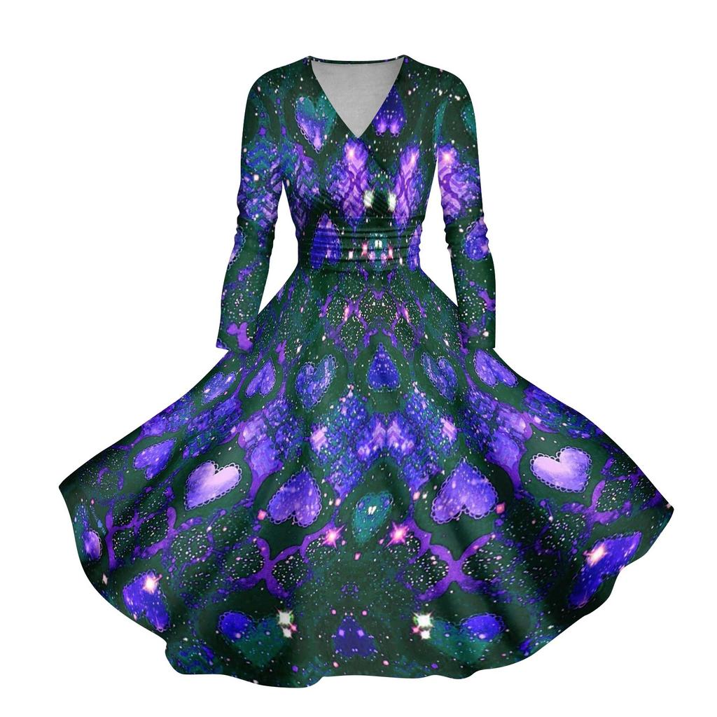 Женское повседневное и модное сексуальное платье с v-образным вырезом и длинными рукавами с принтом