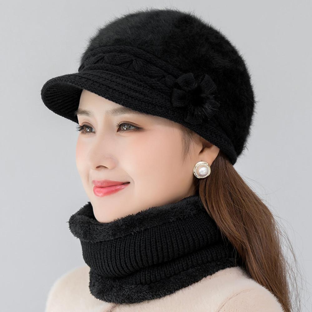 Winter Hat Keep Warm Cap Add Fur Lined Hat And Scarf Set Warm Hats For Female Casual Rabbit Fur Winter Knitted Hat