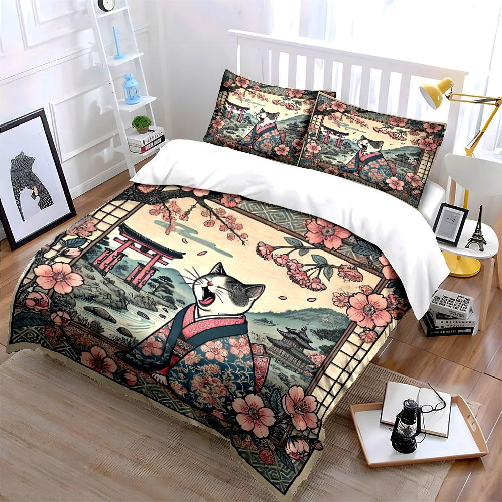 "Japanese Cat Sakura Art Set" Bedding Set with 1 Duvet Cover 2 Pillowcases Single Double King Queen, Gift