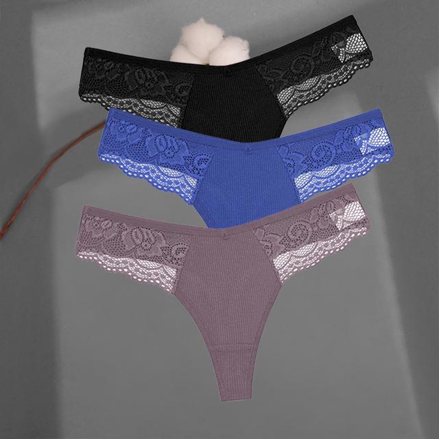 FINETOO Women's Cotton Thongs 3Pcs/set Lace Bikini Underpants S-XL Ladies G-string Underwear Soft Thong Panties Female Lingerie
