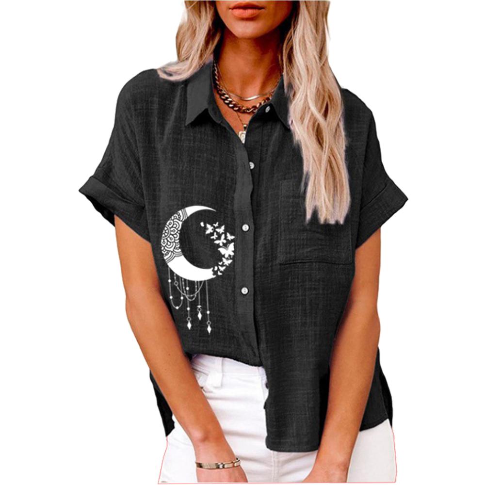 Женская модная футболка с принтом, летняя и осенняя футболка с коротким рукавом на пуговицах, женская повседневная футболка с воротником с лацканами, свободные блузки