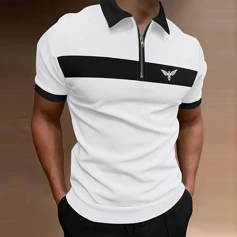 Мужская рубашка-поло на молнии с короткими рукавами, весна-лето, мужская рубашка-поло с лацканами с вышивкой.