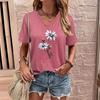 Summer V-neck 3D Flower Pattern Printed Top Fashionable Casual Short Sleeved Women's T-shirts