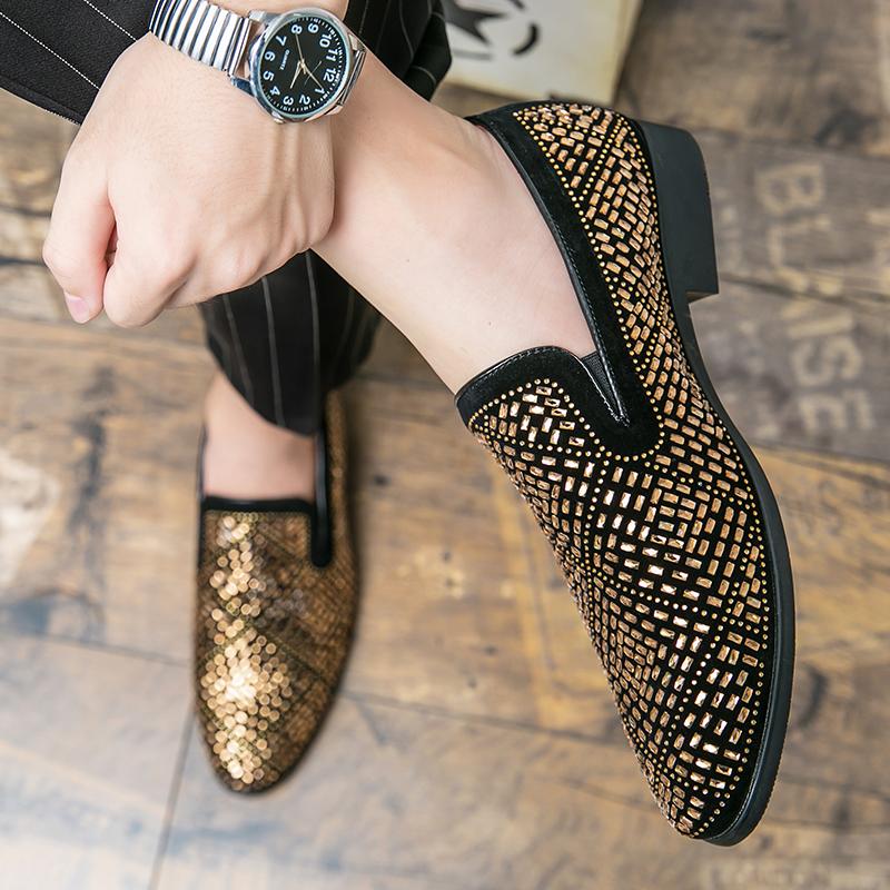 Men Dress Italian Shoes Slip On Fashion Party Men's Shoes Pu Leather Moccasin Glitter Formal Male Shoes Man Oxford Shoes For Men