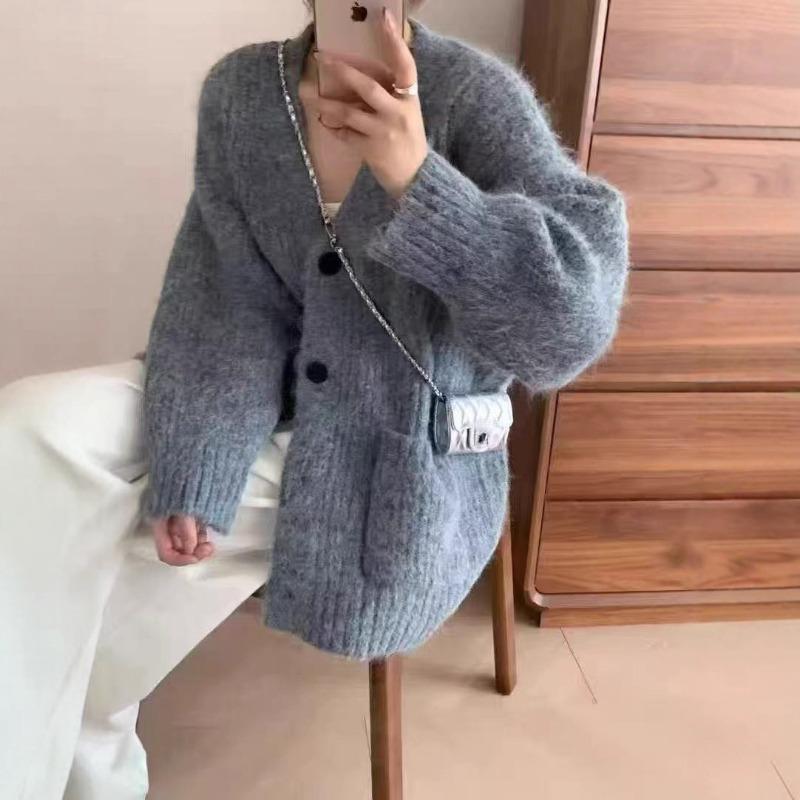 Ленивый ветер V-образный свитер-жакет женская одежда осень и зима новый свободный простой повседневный вязаный кардиган-жакет женский