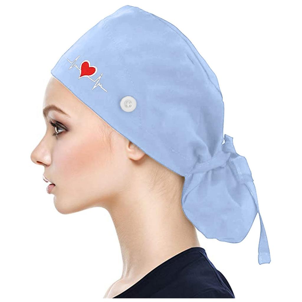 Scrub Cap With Buttons Bouffant Print Hat With Sweatband for Womens and Mens