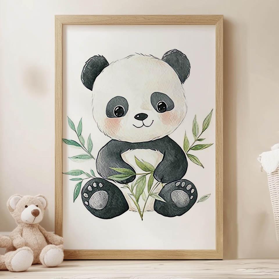 Poster Cute Panda Among Leaves Poster Cute Panda Among Leaves, 30X40 Cm, Black Aluminum Frame, 230 Gsm Matte Paper