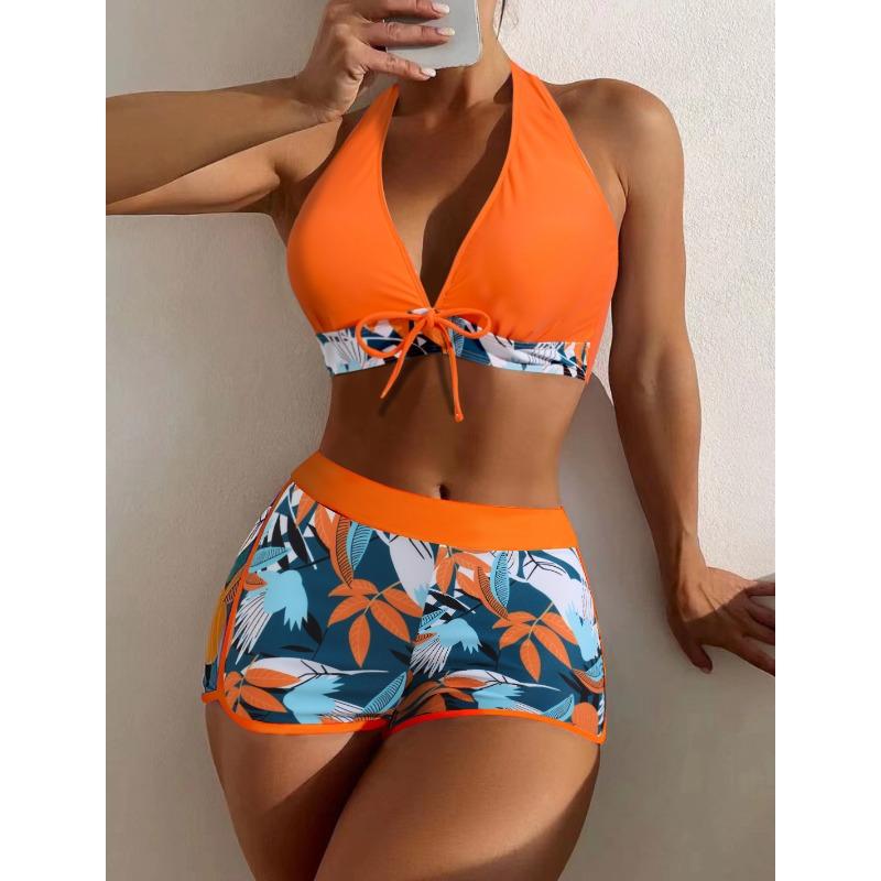 Fashion printed swimsuit new large size women's neck high waist flat angle conservative beach swimsuit