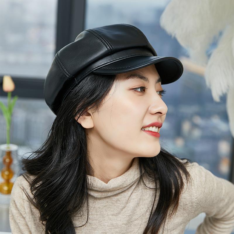 Осенне-зимняя восьмиугольная шапка, шапка художника из овчины, кожаная шапка, женский берет