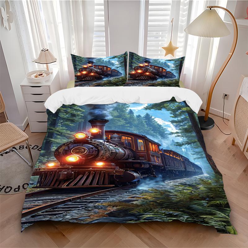 3Pcs Steam Train Journey Bedding Set Quilt Cover Pillowcase Home Christmas Xmas Halloween Gift 1 Duvet Cover 2 Pillowcase M928402