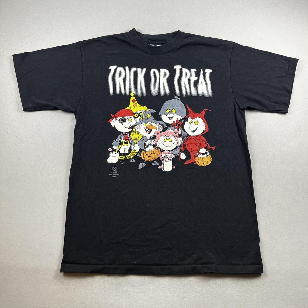 Vintage Halloween T-Shirt Mens Large Black Trick Or Treat Cartoon Costumes 90s Unisex T-Shirt