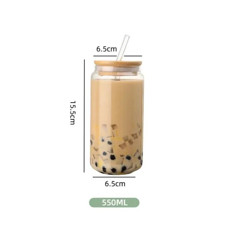 450/550ml Glass Cup with Wooden Lid and Straw Travel Transparent Bubble Tea Cup Milk Beer Can Cocktail Mug Beverage Glassware