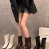 Pointed High-heeled Brown Small Short Boots Women's Shoes 2025 New Spring and Autumn Single Boots Retro Belt Buckle Medium Tube Pants Tube Boots