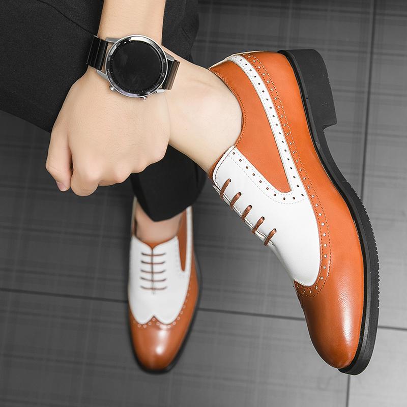 Мода Мужские Кожаные Туфли на Шнуровке Платье Деловые Офисные Балетки Мужские Свадебные Оксфорды Мода Пэчворк Мужские Классические Ретро Броги