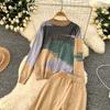 Spring Autumn Oil Painting Print Knitted Sweater Trouser Two Piece Set Women Pullover Tops and Wide Leg Pants Tracksuit