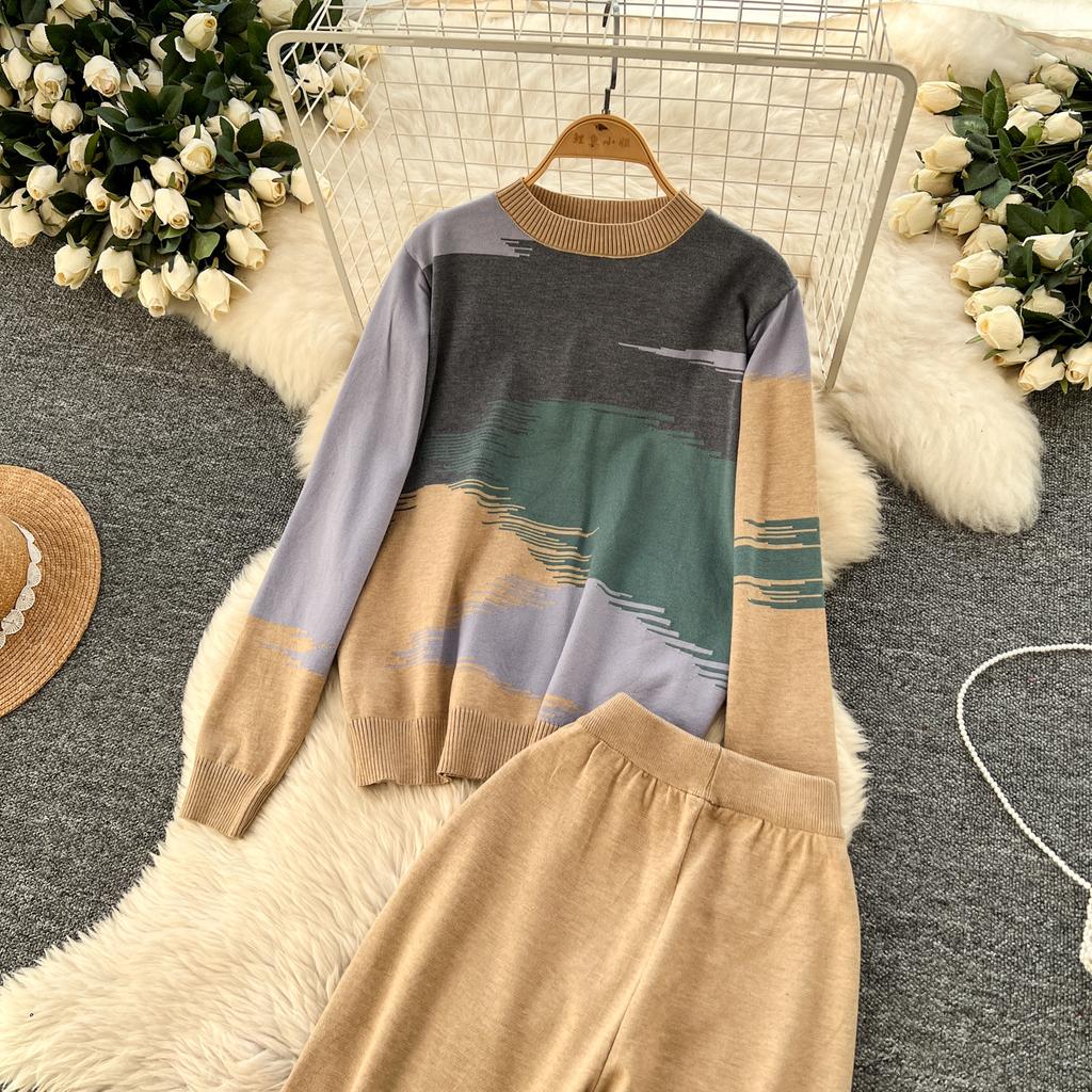 Spring Autumn Oil Painting Print Knitted Sweater Trouser Two Piece Set Women Pullover Tops and Wide Leg Pants Tracksuit