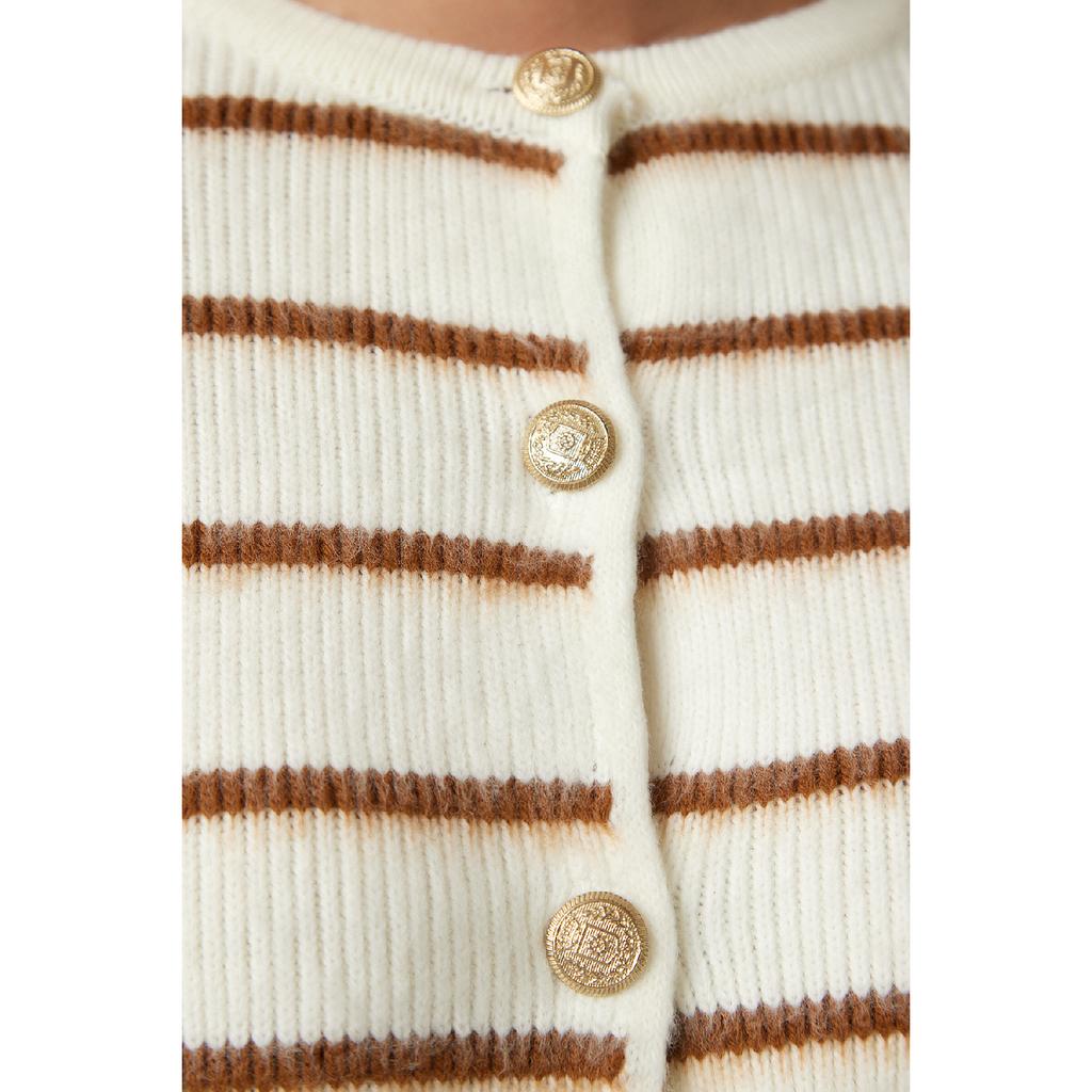 Женский костяной черный стильный трикотажный кардиган в полоску на пуговицах Pf00051