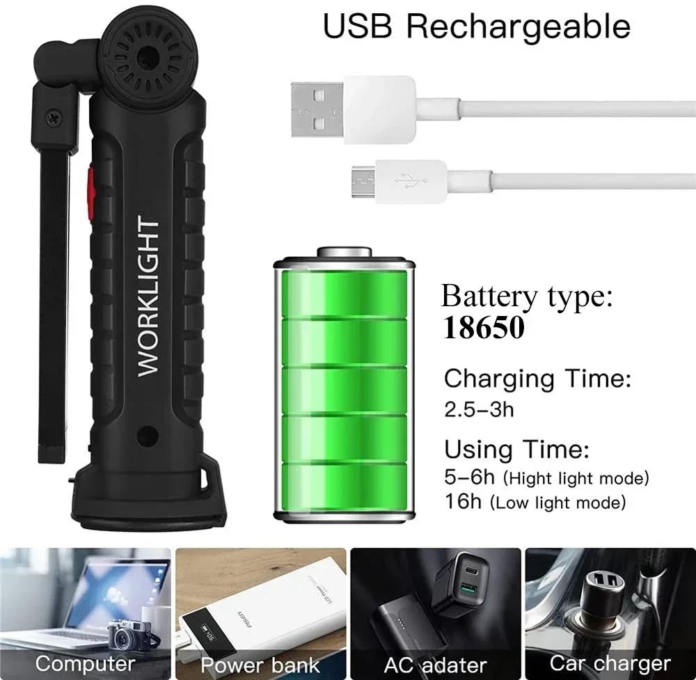COB LED Рабочий свет Диммируемый USB Перезаряжаемый Светодиодный фонарик Инспекционная лампа с магнитным крючком Power Bank Батарея 18650 Фонарь