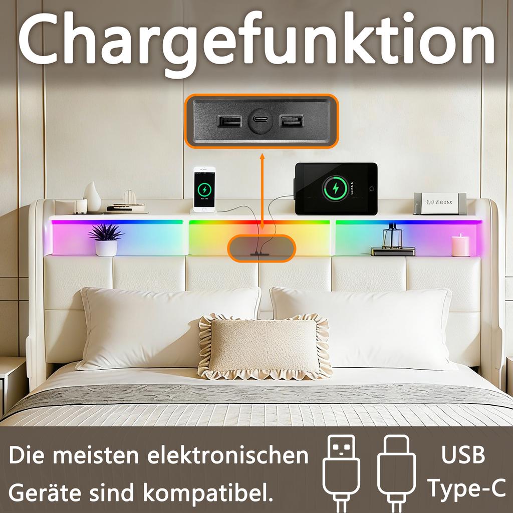 Upholstered Bed with Storage, Leather Headboard, USB & Type-C Ports, Noise-Free Padding, and LED Lighting,White.