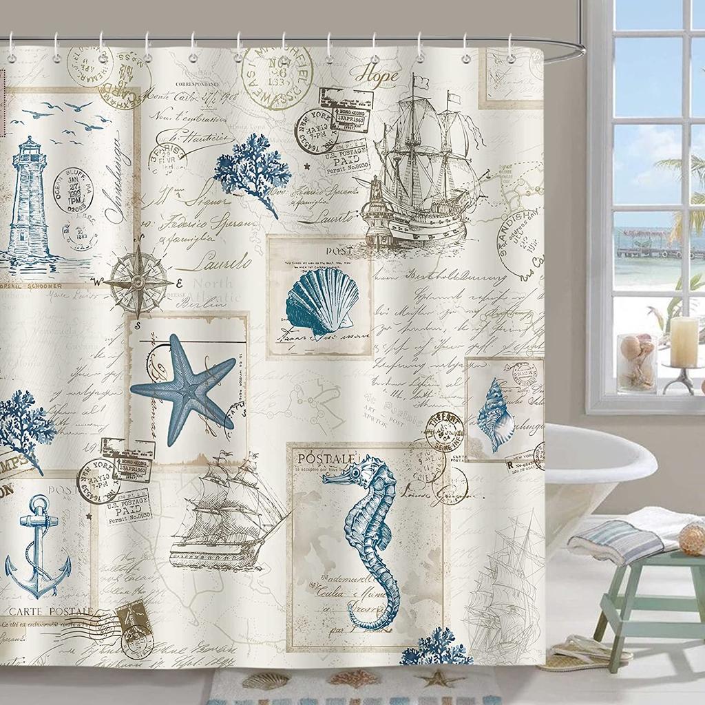 Nautical Sailboat Shower Curtain Ocean Lighthouse Compass Anchor Starfish Seashell Bathroom Decor Fabric Curtains with Hooks