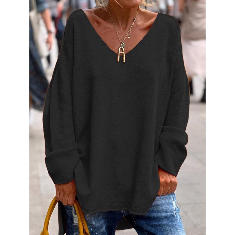 Women's Pullover Solid Color V-Neck Long Sleeve Loose Casual Comfortable Long Sleeve Knit Sweater