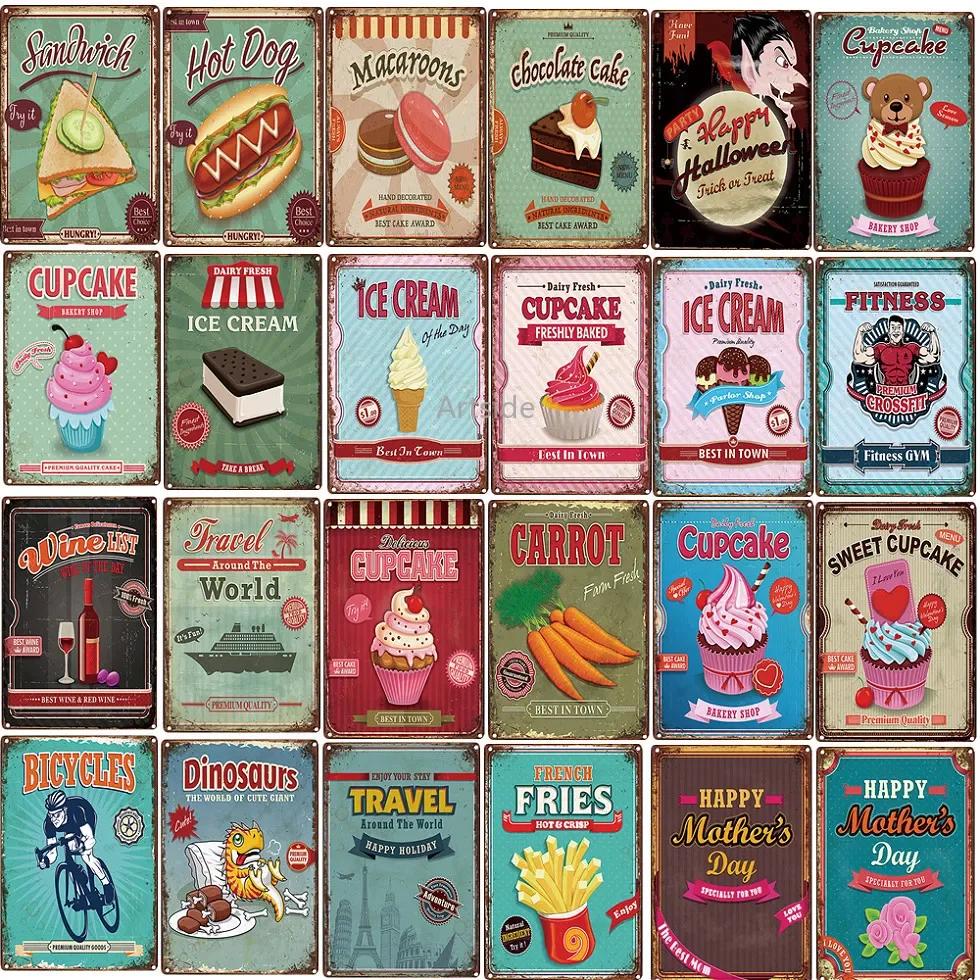 Cupcake Hot Dog Ice Cream Burger Tin Signs Metal Plate Iron Paintings Kitchen Dessert Shop Retro Shabby Wall Decor Tin Plaques