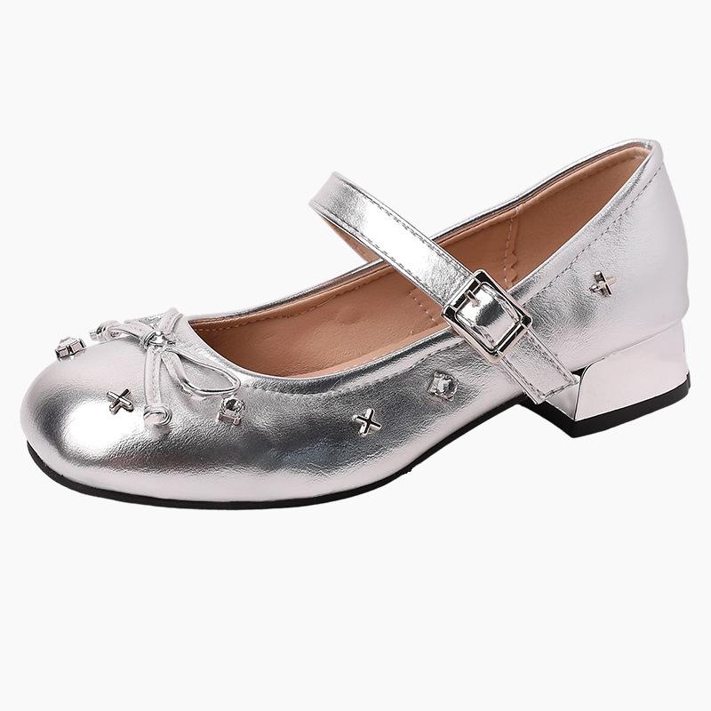 Ретро одинарная обувь круглый носок толстый каблук женская обувь лето французская мода маленькие кожаные туфли бант светлый вырез высокий каблук туфли Мэри Джейн