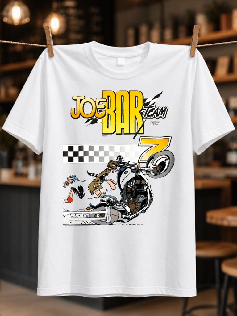 Joe Bar Team 7 Cartoon Motorcycle Crash Scene With Checker Stripe And Oversized Yellow Number Comic Unisex All Tshirt