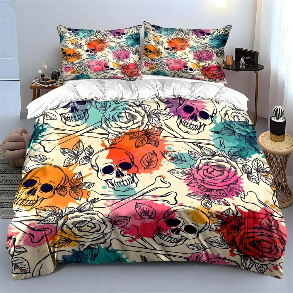 "Skull Rose Pattern Decoration Set" Multiple sizes kid's and adults' bedroom Exquisite 3PC bedding set, gift