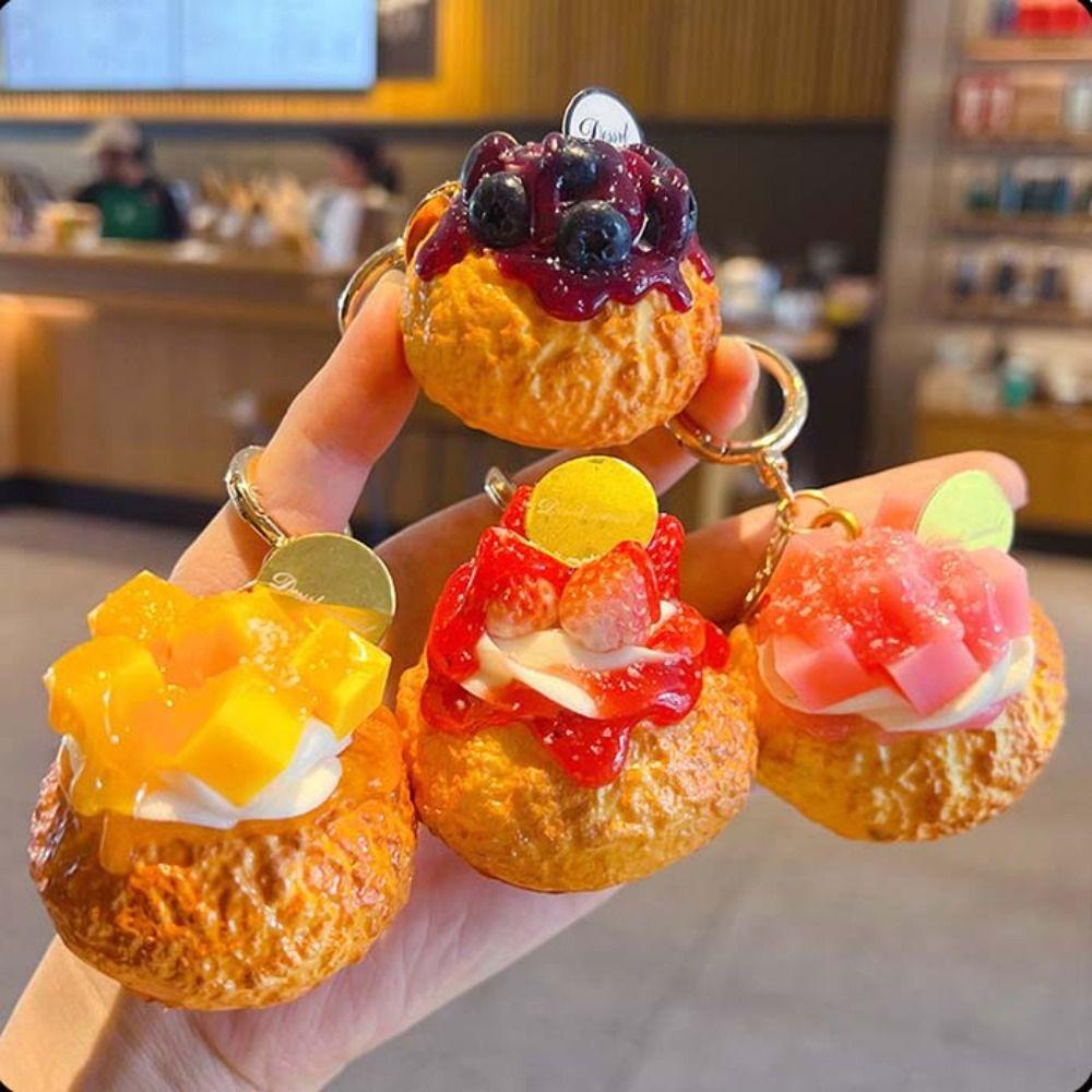 Cute Fruit Egg Tart Keychain Cartoon Food Shaped Keyring Baking Decorations