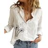 Women Fashion Cotton Linen Shirt Floral Print Long Sleeve Top Ladies Casual Stand-collar Buttoned Blouse
