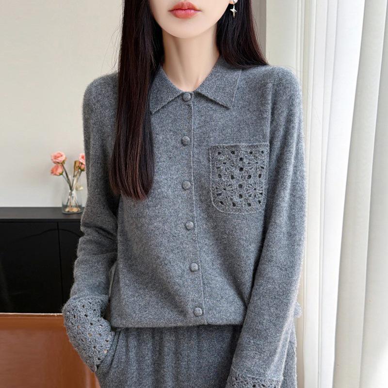 Women's Autumn/Winter Loose Fit Wool Cardigan with Polo Collar and Pockets