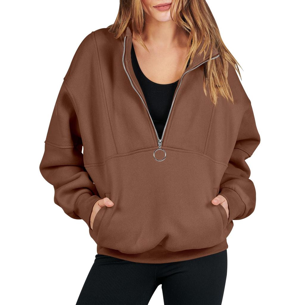 Женская мода сплошной цвет на молнии спортивный свободный пуловер с длинными рукавами толстовка Топ
