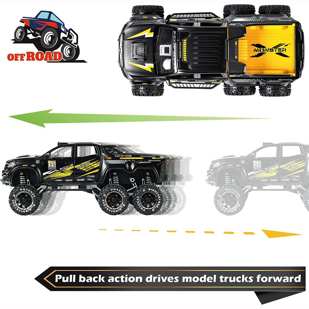Масштаб 1/24 X-класса 6x6 внедорожные литые металлические модели автомобилей, пикапы-монстры, игрушечная переоборудованная модель автомобиля со звуком и светом для детей от 3 лет и старше