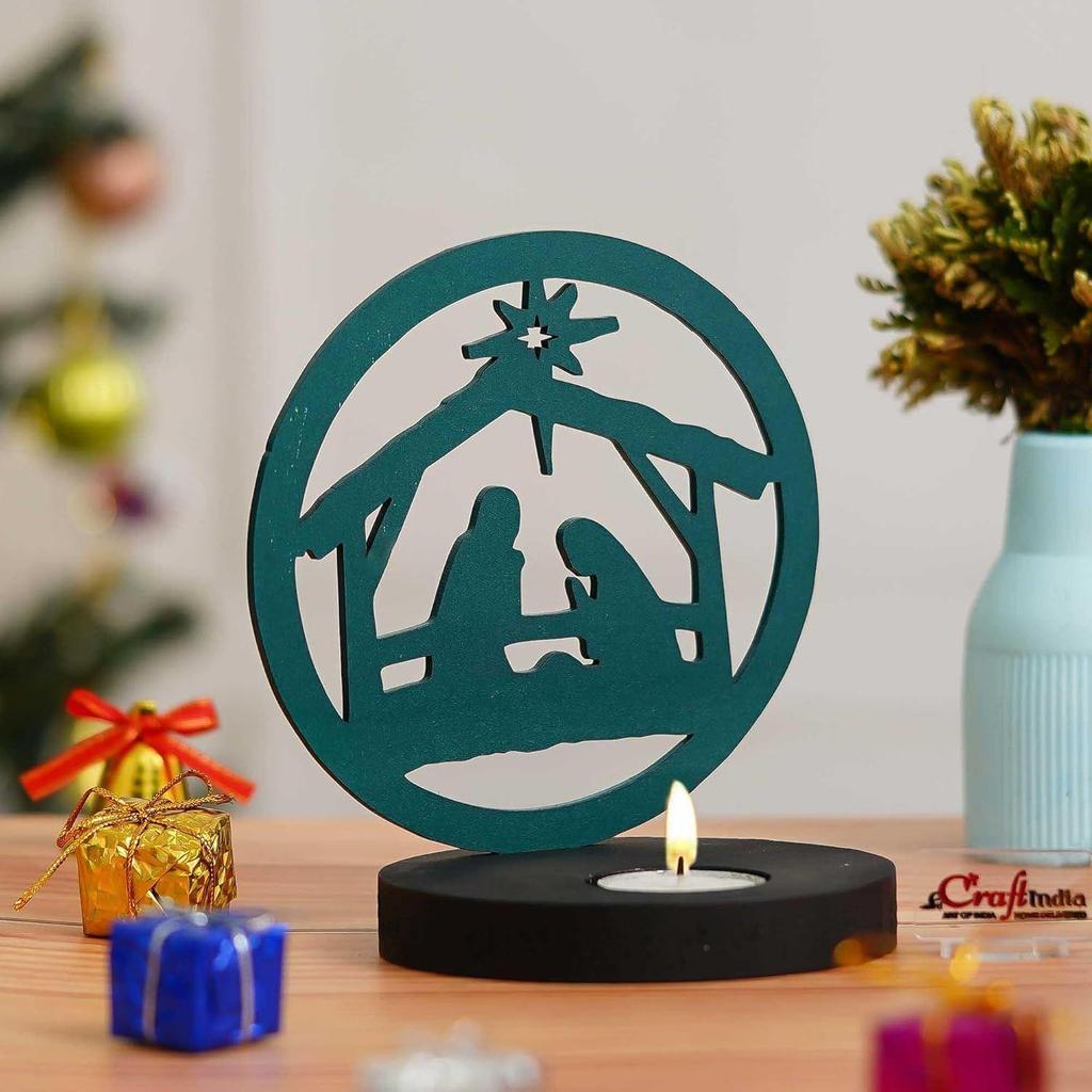 Nativity Scene Holy Family Jesus Birth Decorative Showpiece Tea Light Candle Holder (Wooden Green)| Christmas Decoration Item for Home Office