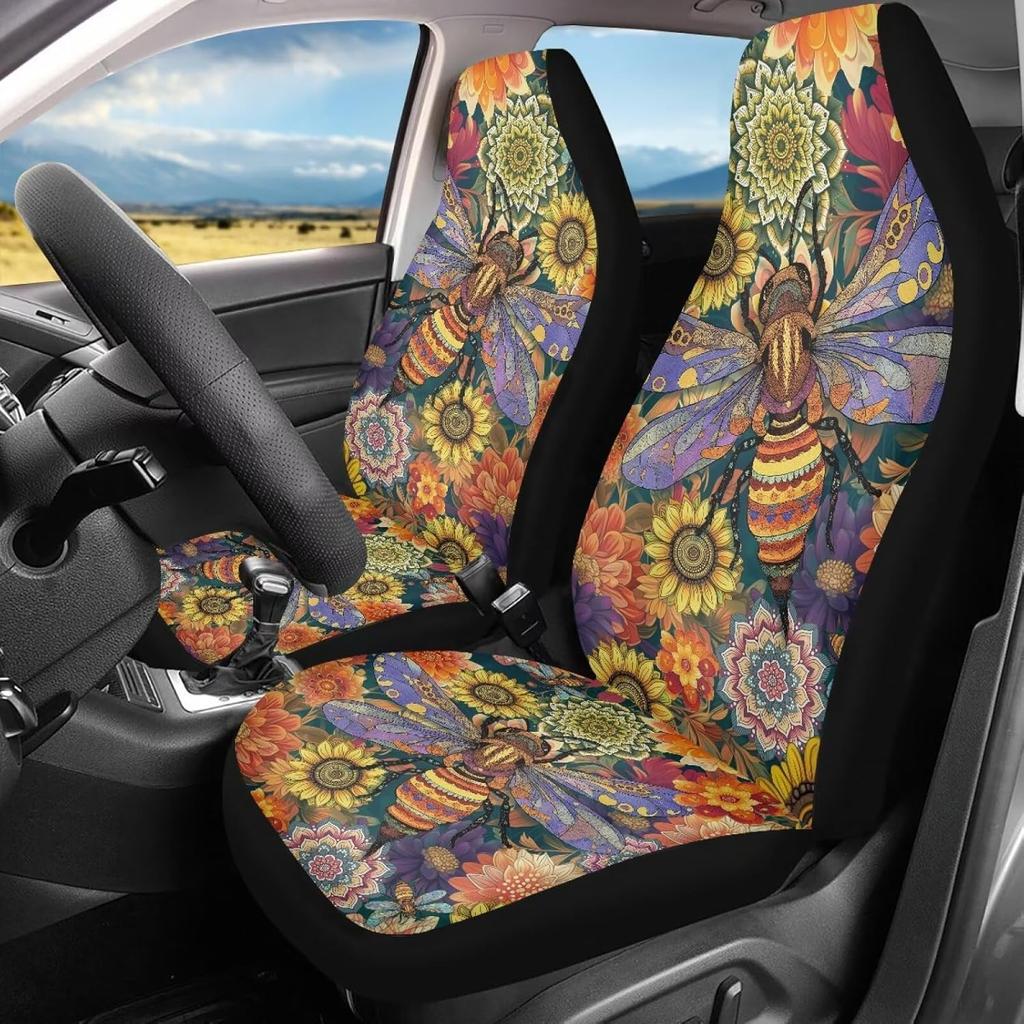 Чехлы на сиденья автомобиля Bulopur Black Boho Цветочные, Только для передних сидений, для женщин и мужчин, с карманом-органайзером, для автомобилей, внедорожников, грузовиков, седанов