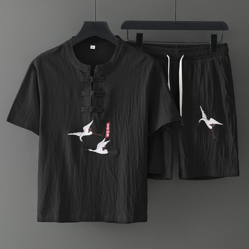 Летний китайский стиль мужской этнический стиль хлопковый и льняной жаккардовый мужской костюм с короткими рукавами костюм Тан вышивка