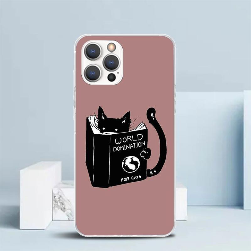 Мультяшный Милый Черный Кот Чехол Для Телефона Для IPhone 16 17 Air 16E 15 14 Plus 13 Mini 12 11 Pro Max 7 8 + SE 2020 Мягкий ТПУ Задняя Крышка 16