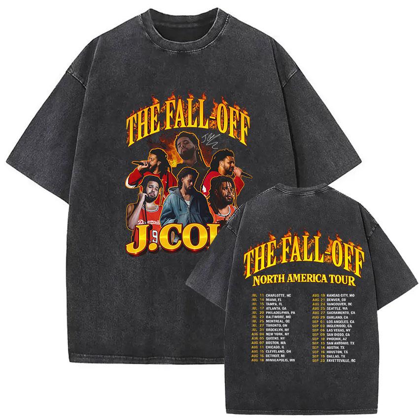 Винтажные стираные футболки J Cole The Fall Off Тур по Северной Америке Графическая футболка женская Одежда Хип-хоп Короткий рукав Футболка
