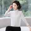 Spring Autumn New White Shirt Women's Long Sleeved Cotton Standing Collar Wooden Ear Bottoming Blouse Slim Fit Temperament Top