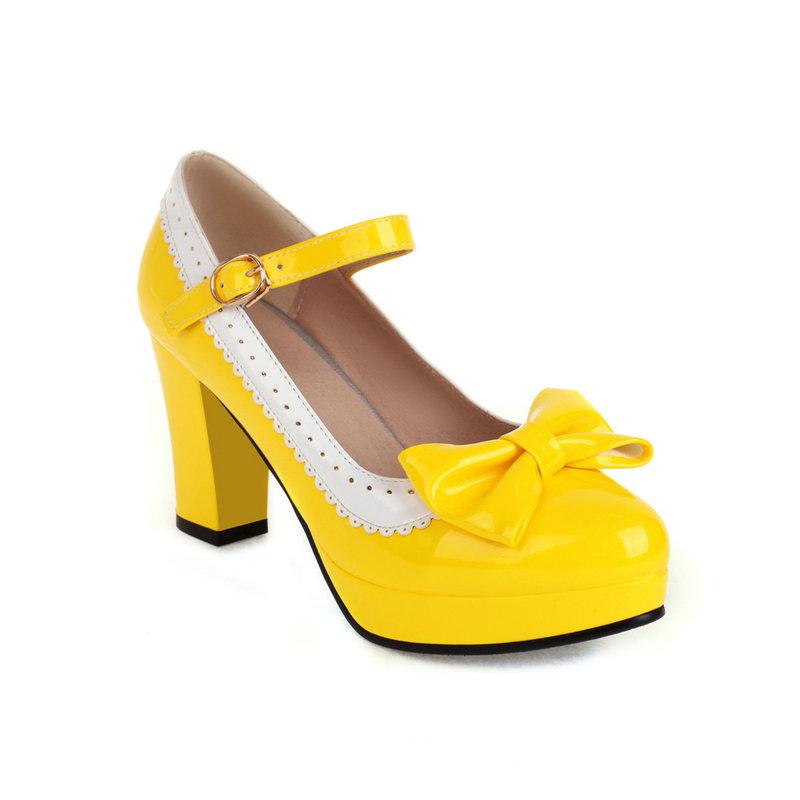 Желтые, фиолетовые, мятно-зеленые, с круглым закрытым носком, осенние женские туфли, туфли-лодочки на платформе с галстуком-бабочкой, женское платье в стиле Лолиты, вечерние туфли Мэри Джейн на каблуках, большой размер 45-46