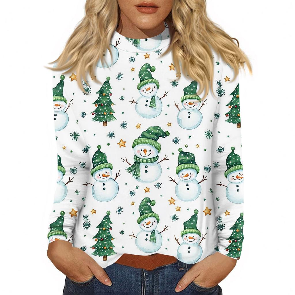 Women Fall Casual Long Sleeve Shirts Sweatshirt Vintage Printed High Neck Top Pullover