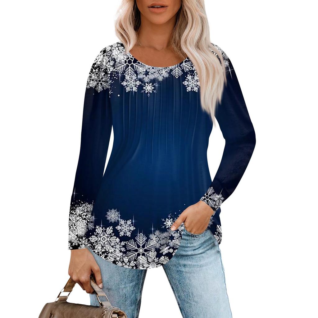 Long Sleeve Shirts For Women Tops Dressy Christmas Print Casual Blouses Pleated Scooped Neck Tunic Tops